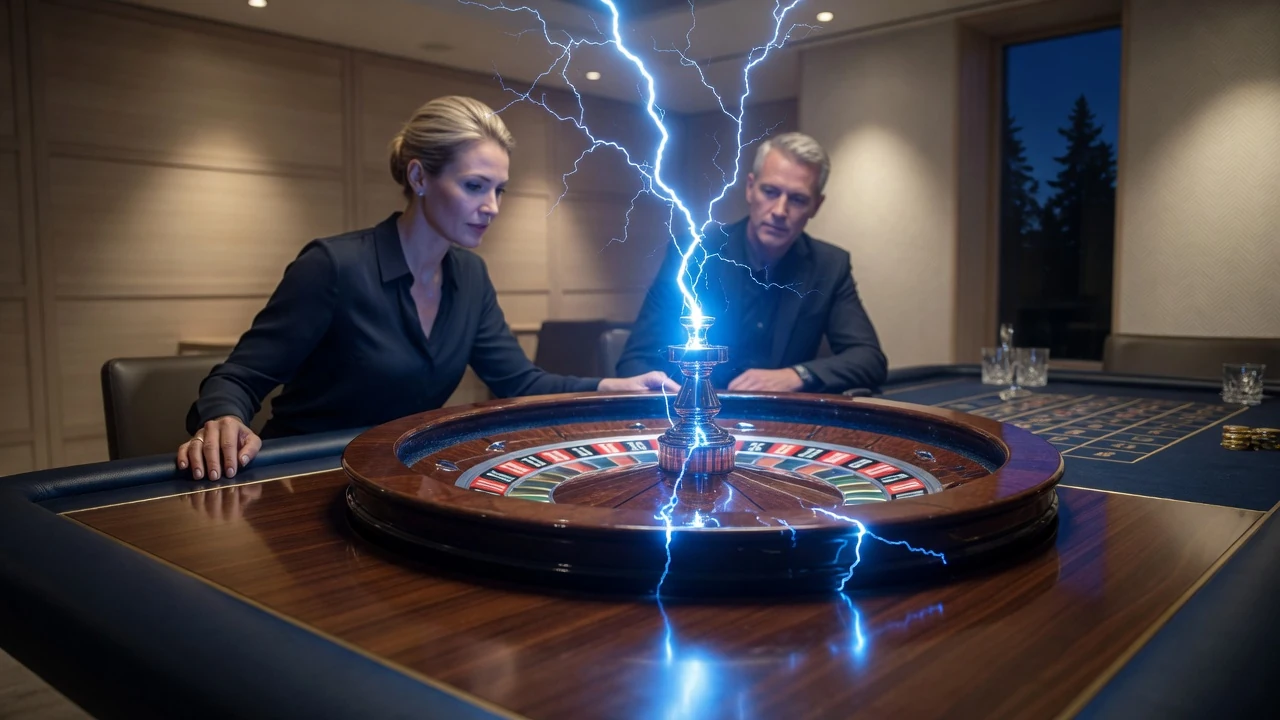 Roulettehjul med dramatiska blixtar i en elegant svensk casinohall