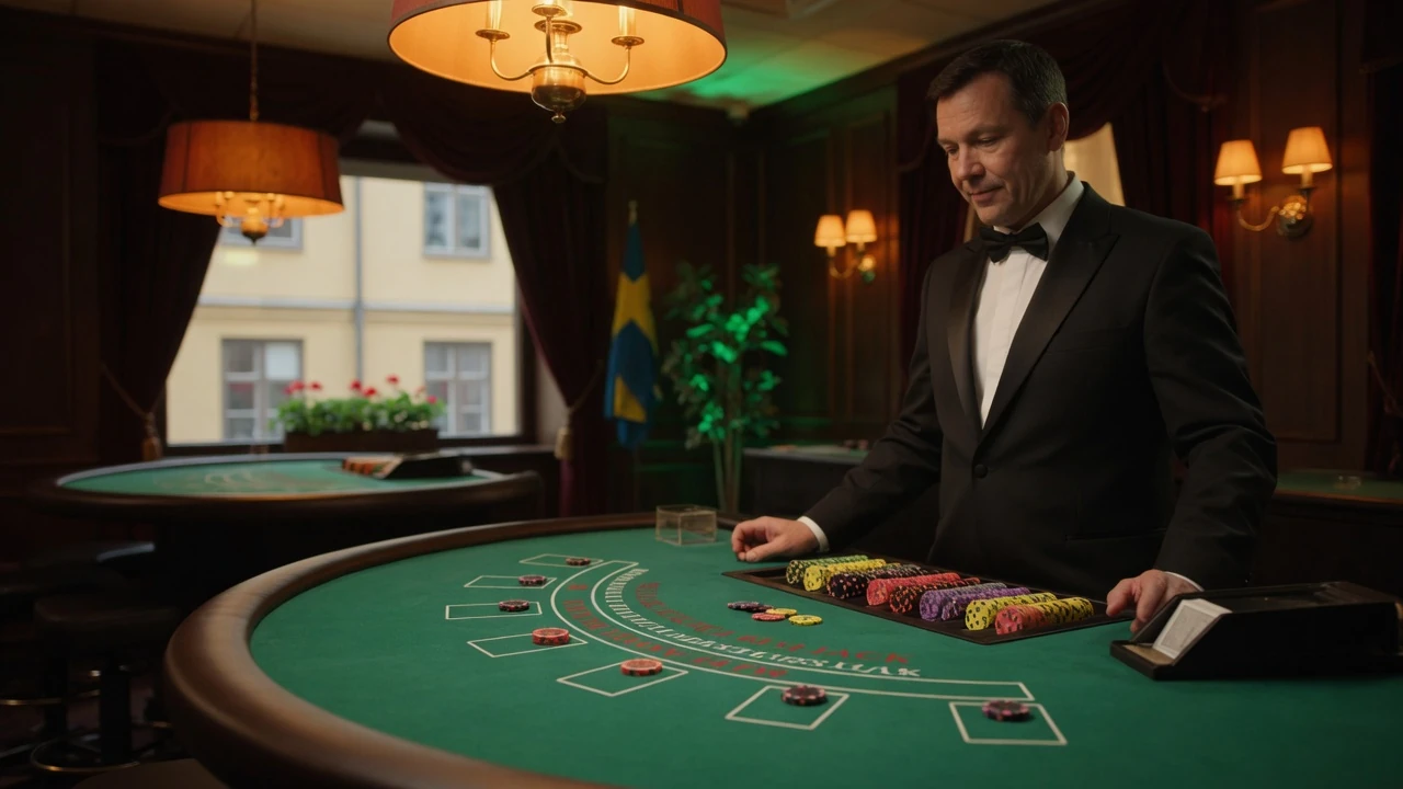 Live dealer vid blackjackbord i studio med svensk flagga i bakgrunden