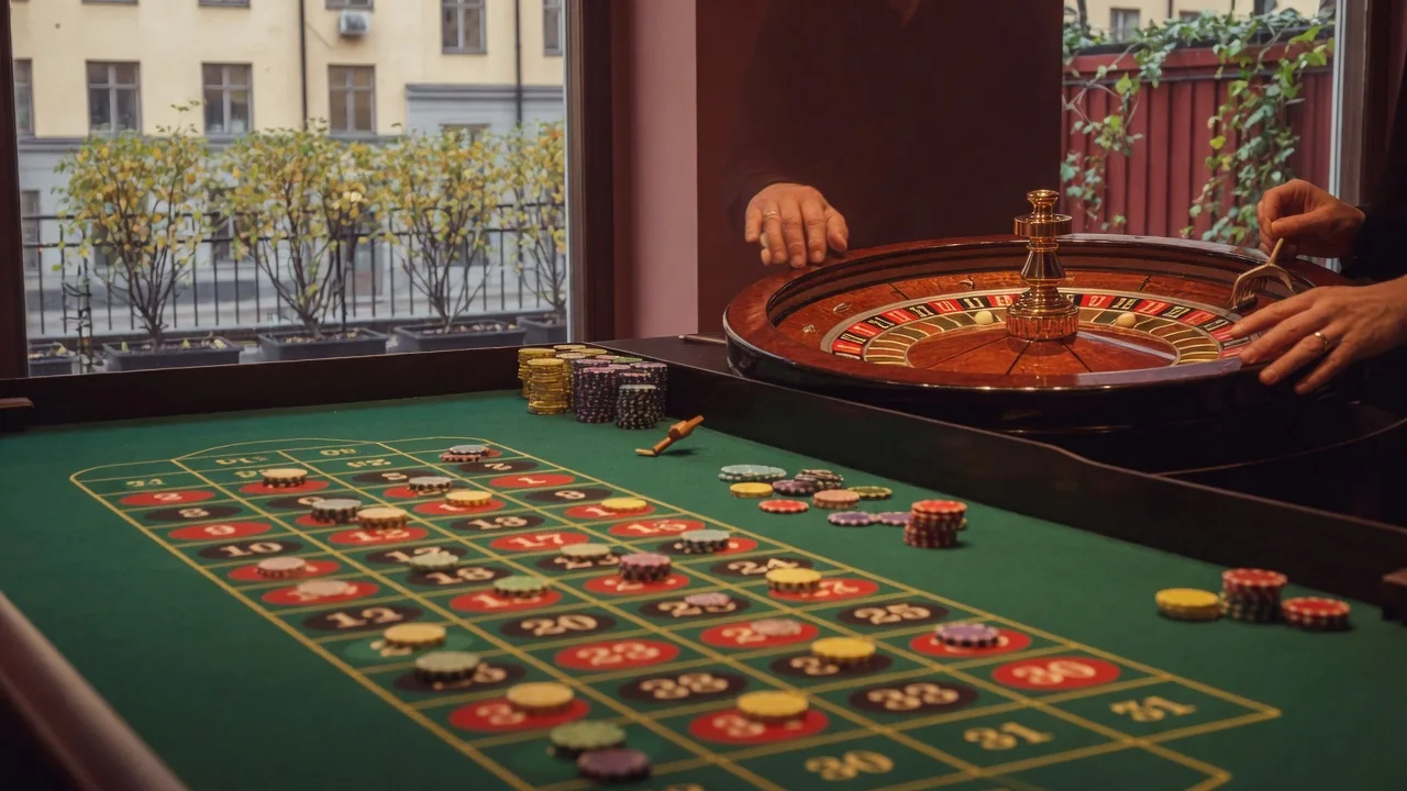 Live roulettebord med croupier och färgade marker i casinostudio