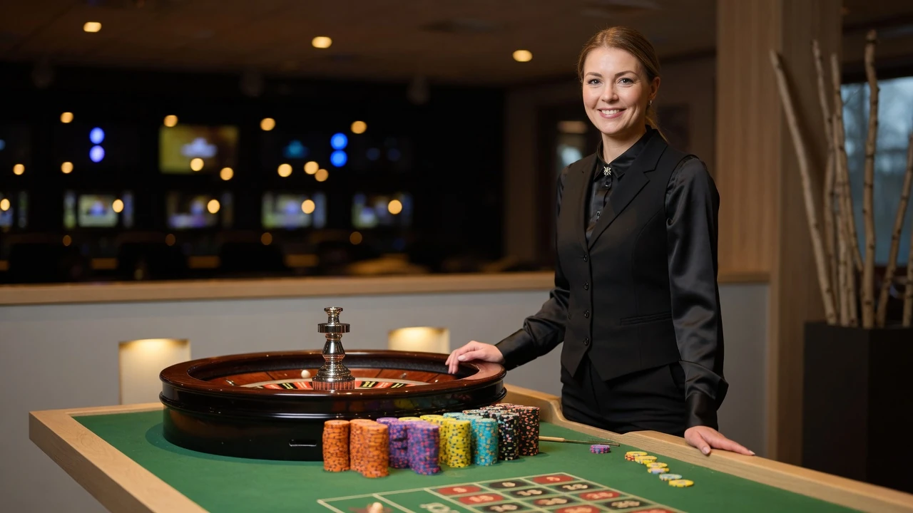 Professionell live dealer vid roulettebord i modern casinostudio