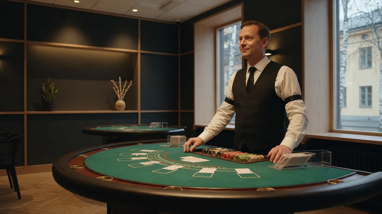 Professionell live dealer bakom ett blackjackbord i en modern casinostudio