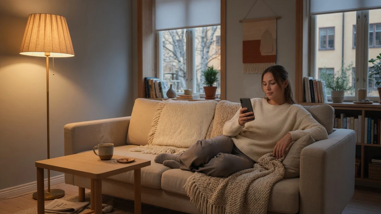Person med smartphone i en mysig modern svensk lägenhet