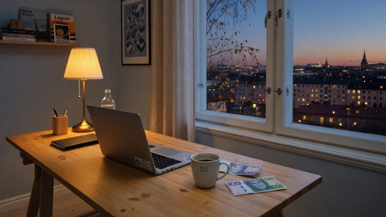 Svensk hemmakontor med bärbar dator, kronorsedlar och utsikt över Stockholm i skymningen