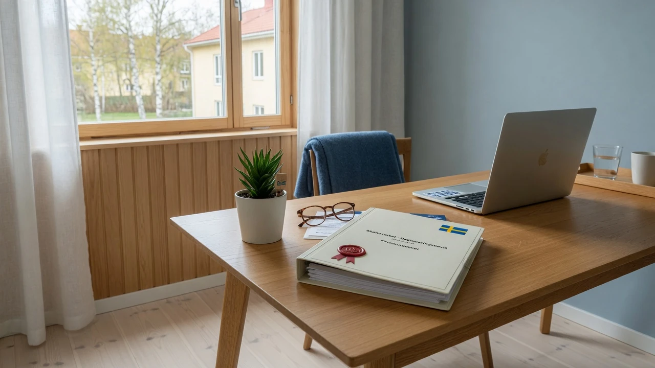Svensk licensdokument på skrivbord i modern skandinavisk interiör