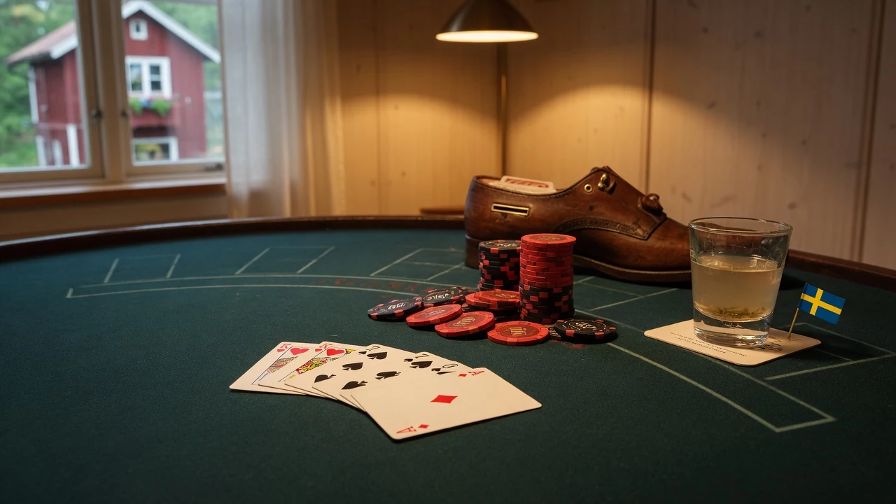 Blackjack-bord med kort, marker och svensk detalj i varm belysning