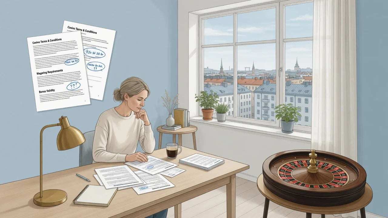 Person som lugnt granskar information om nätkasino i en ljus svensk lägenhet.