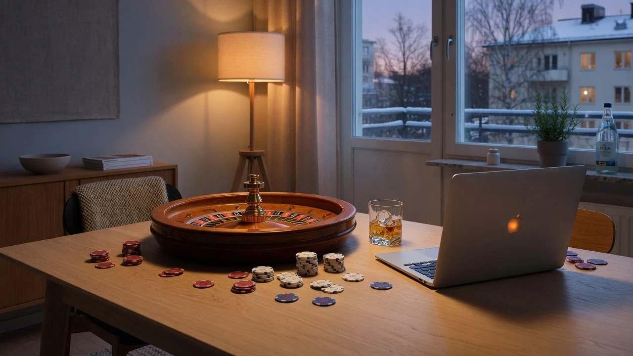 Roulettehjul, casinofärgade marker och en stängd laptop på ett svenskt bord