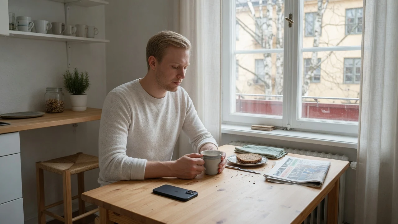Man vid köksbordet med en kopp kaffe, lugn och eftertänksam stund