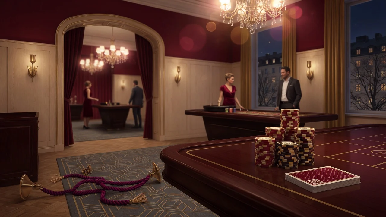 En elegant casinomiljö med marker, kort och varm belysning