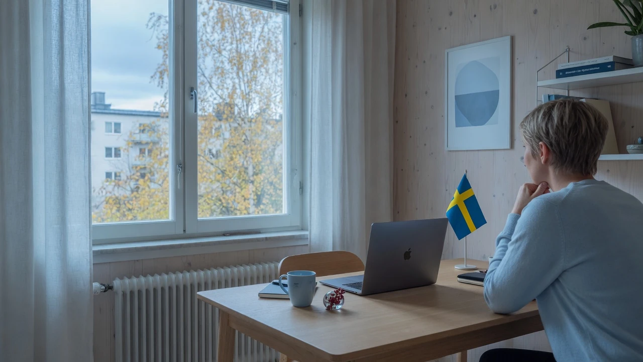 Person vid skrivbord med stängd laptop i modern svensk lägenhet, symboliserar dataskydd och integritet.