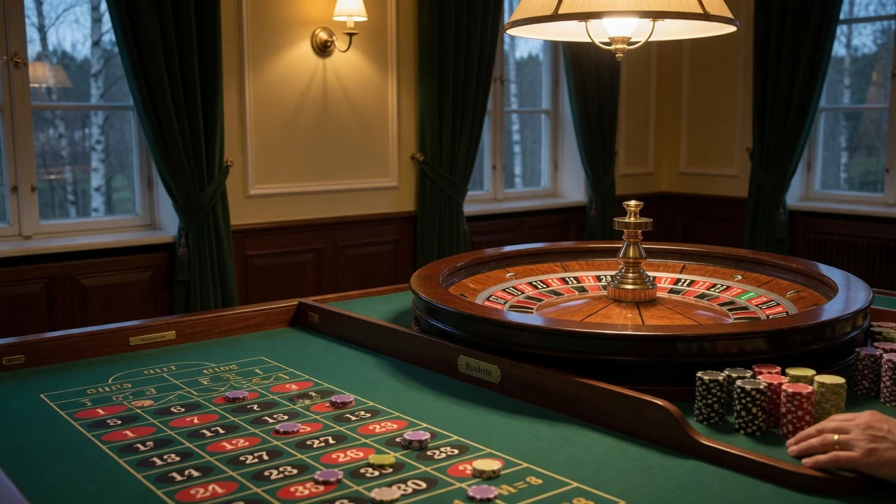Elegant roulettebord med hjul och färgglada casinofigurer i lyxig casinomiljö