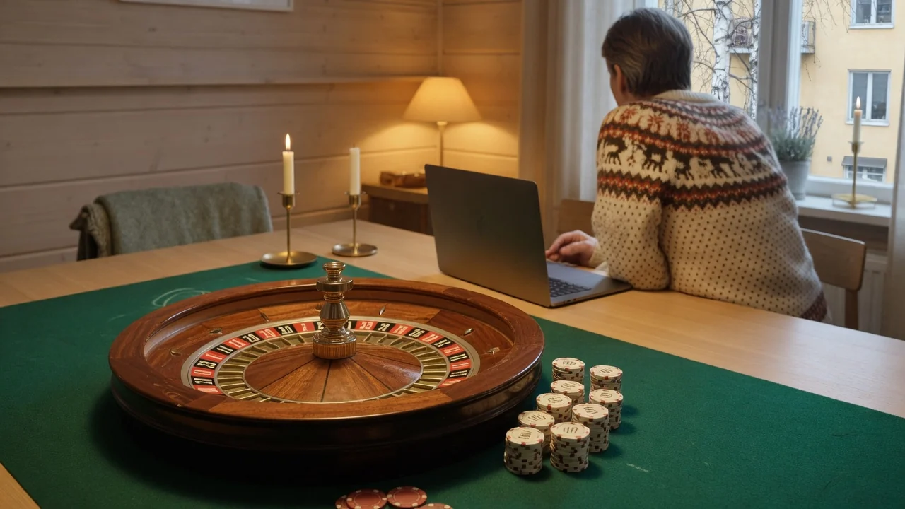 Roulettehjul och marker på ett casinoinspirerat bord i skandinavisk miljö