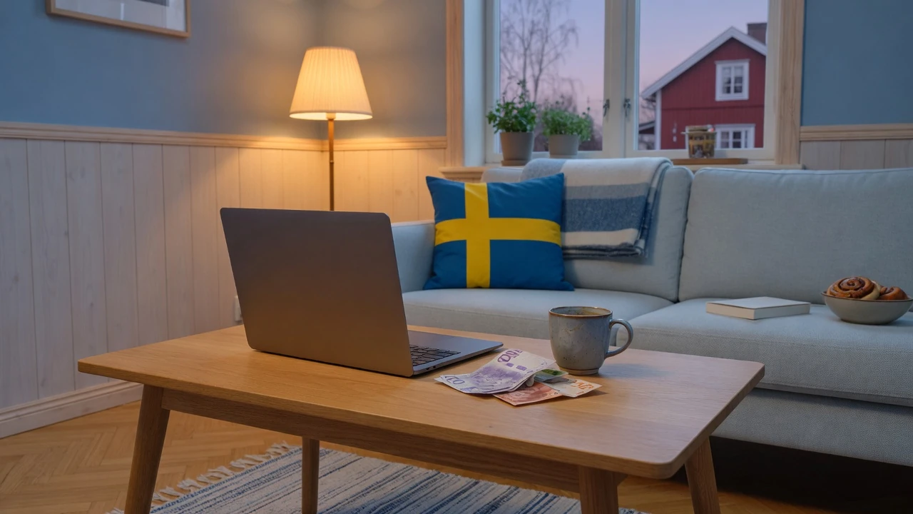 Stiliserad svensk vardagsrum med stängd laptop och kronorsedlar