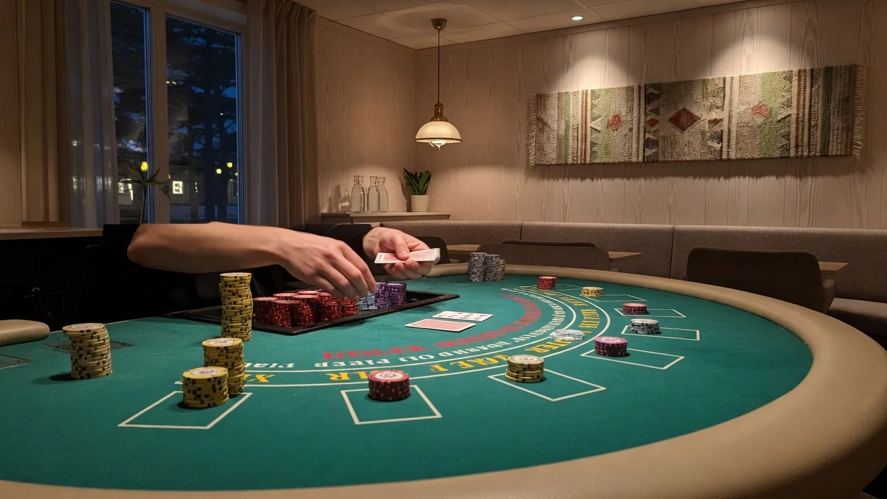 Elegant blackjack-bord med marker och kort på ett svenskt casino