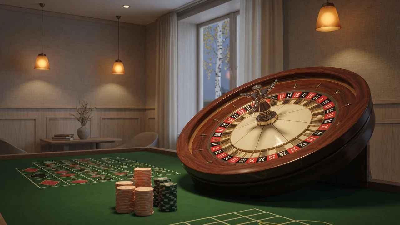 Roulettehjul på ett grön filtbord i en svensk casinolokal