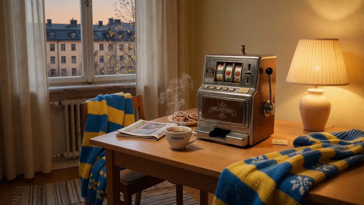 Stiliserat foto av en klassisk spelautomat i ett mysigt svenskt hem