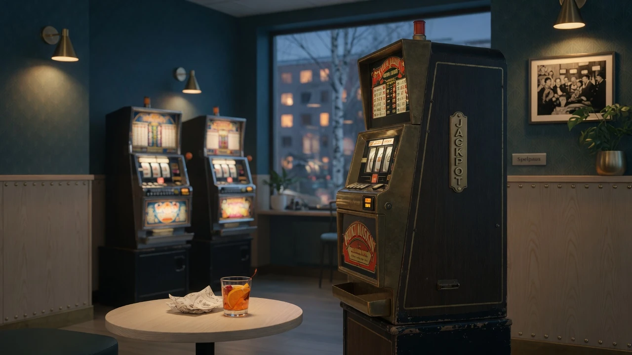 Klassisk spelautomat i en elegant skandinavisk spelhall med dämpad belysning