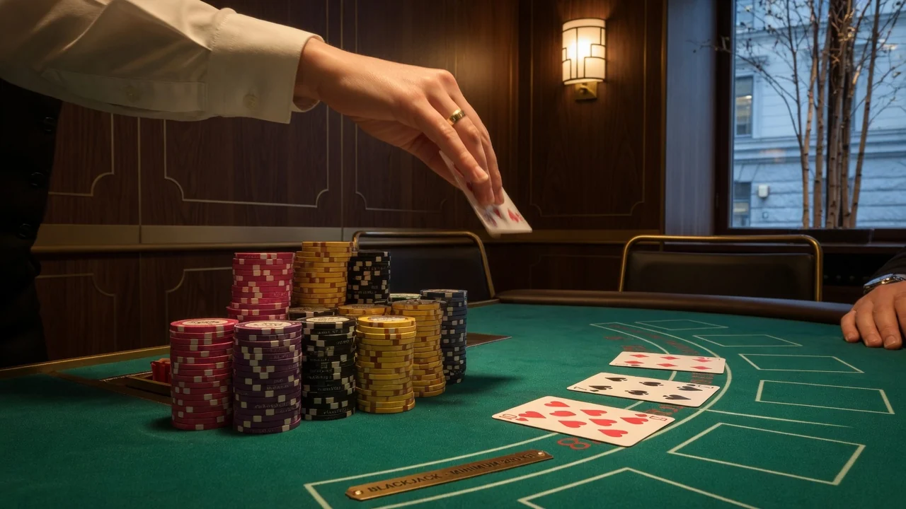 Närbild av blackjackbord med utdelade kort och casinokisar i elegant svensk casinomiljö