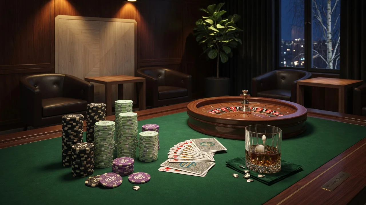 Lyxigt VIP-rum på casino med staplar av marker, roulettehjul och whiskeyglas i gyllene belysning.
