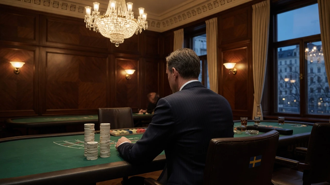 Exklusiv VIP-casinolounge i Stockholm med elegant storspelare vid bordet