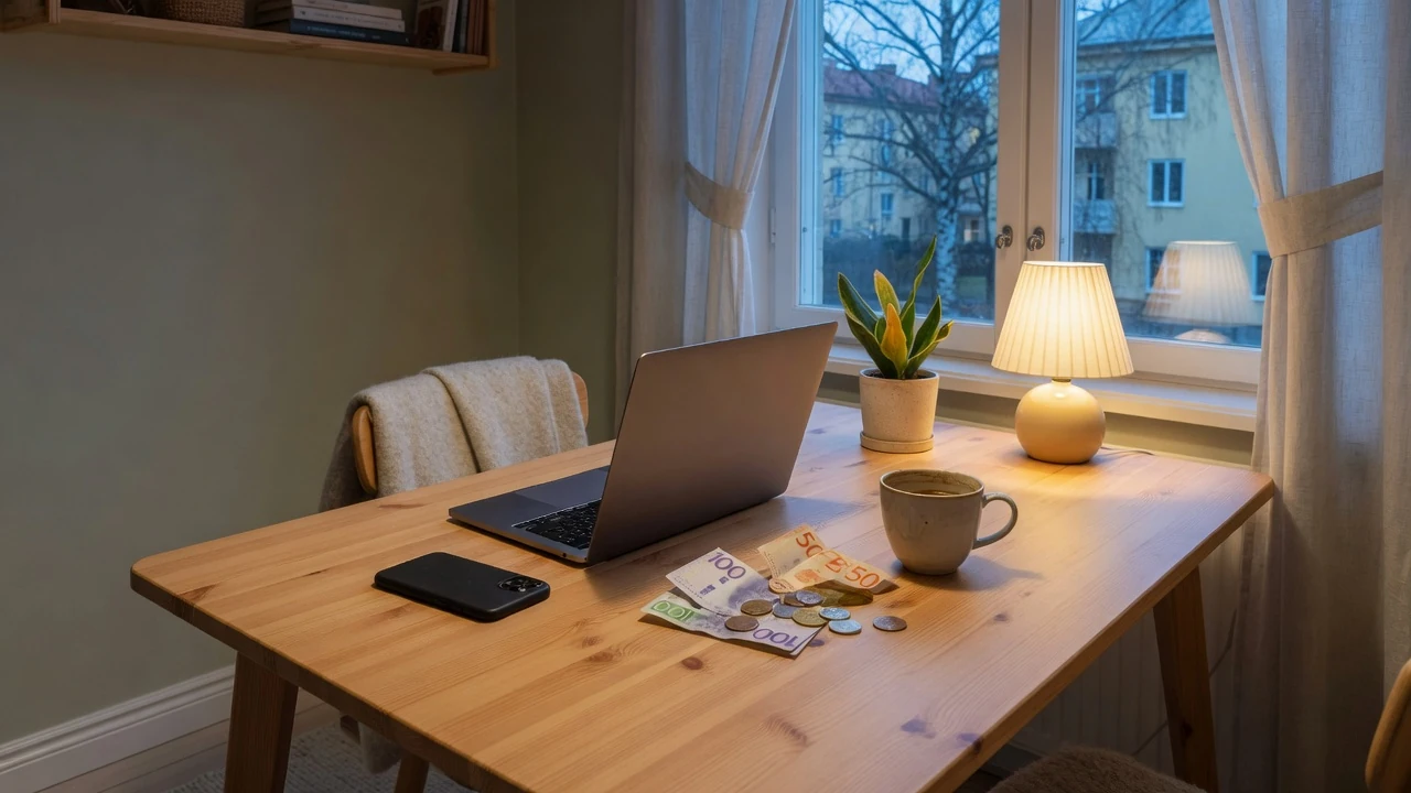 Skandinaviskt vardagsrum med stängd laptop, telefon och svenska kronor på bordet