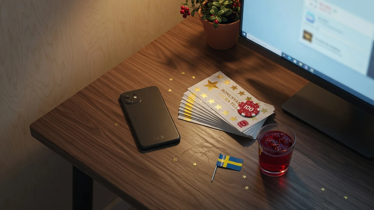 Smarttelefon, casinofpengar och svenska symboler på ett skrivbord