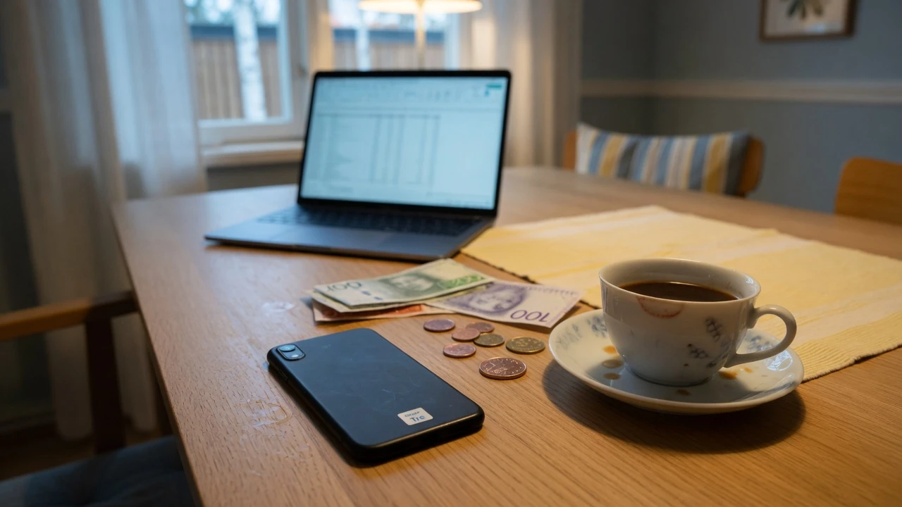 Mobil på bordet med kaffekopp och sedlar i ett svenskt hem