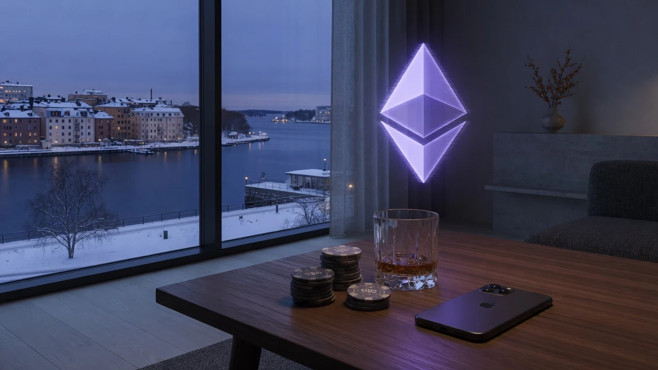 Minimalistiskt skandinaviskt rum med casinomarker, telefon och Ethereum-glöd vid fönster mot Stockholms vintervy