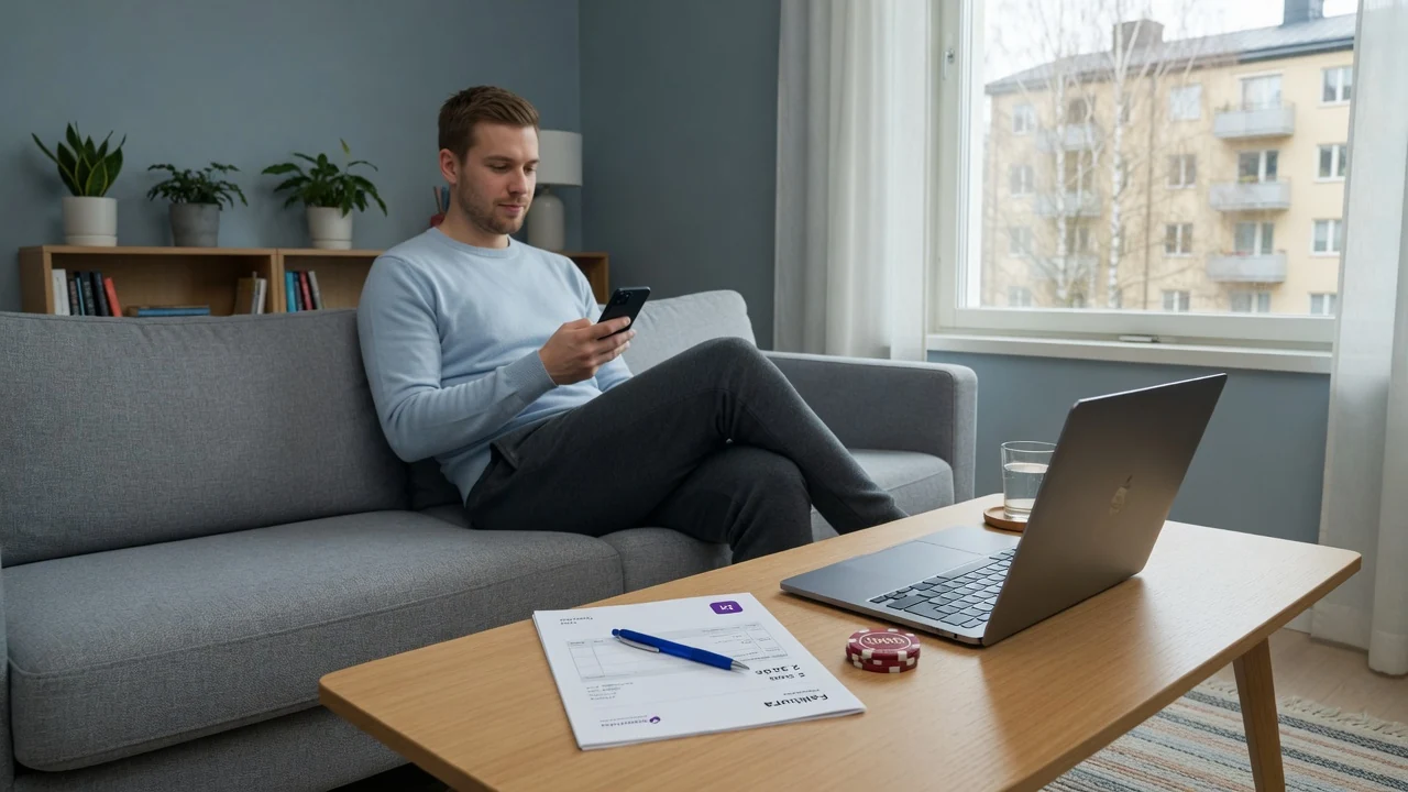 Man i modern svensk lägenhet med mobiltelefon, pappersfaktura och casinomark på soffbordet