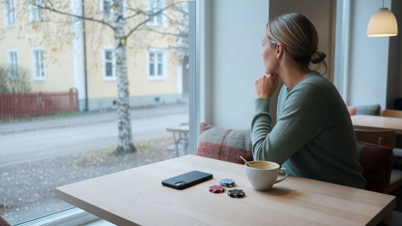 Smartphone och casinomarker vid ett skandinaviskt kafébord