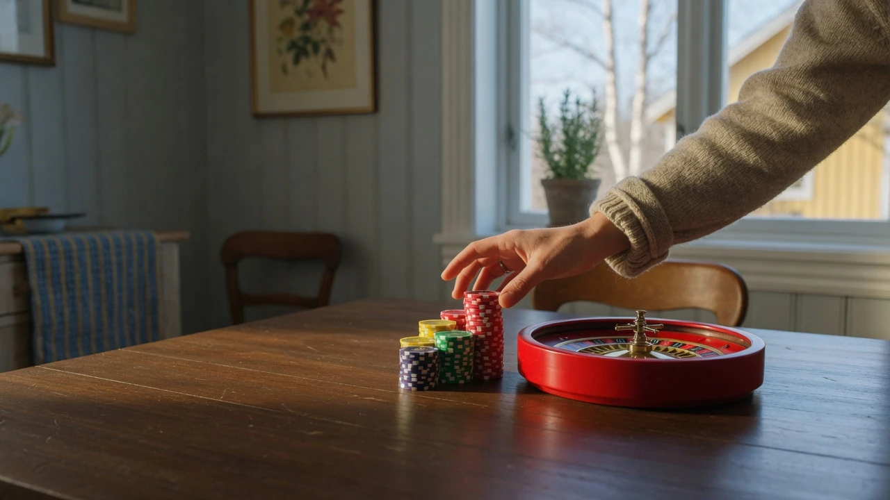 Casinochips och roulettehjul på ett träbord i en svensk hemmiljö