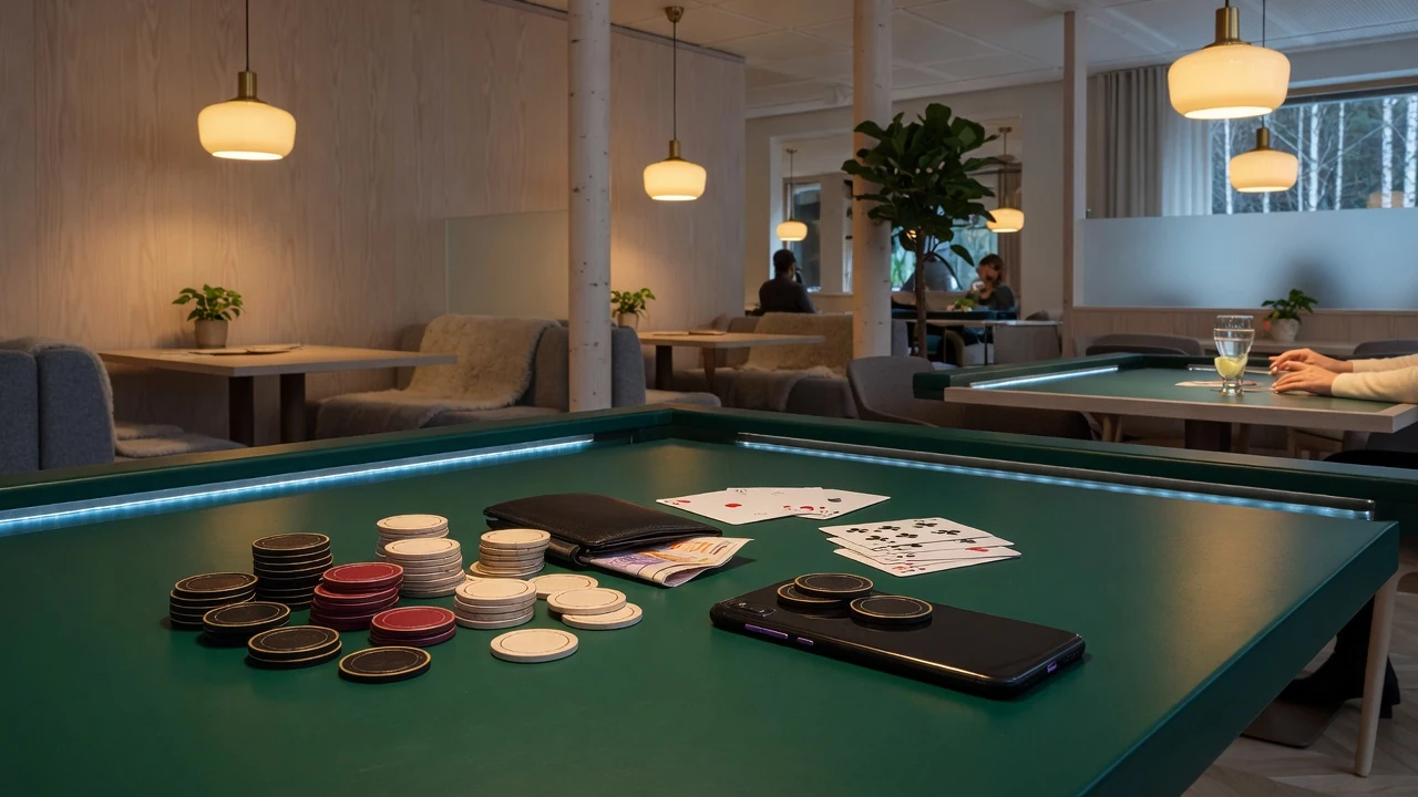 Elegant casinomiljö med marker, kort och en mobil som symbol för e-plånbok.