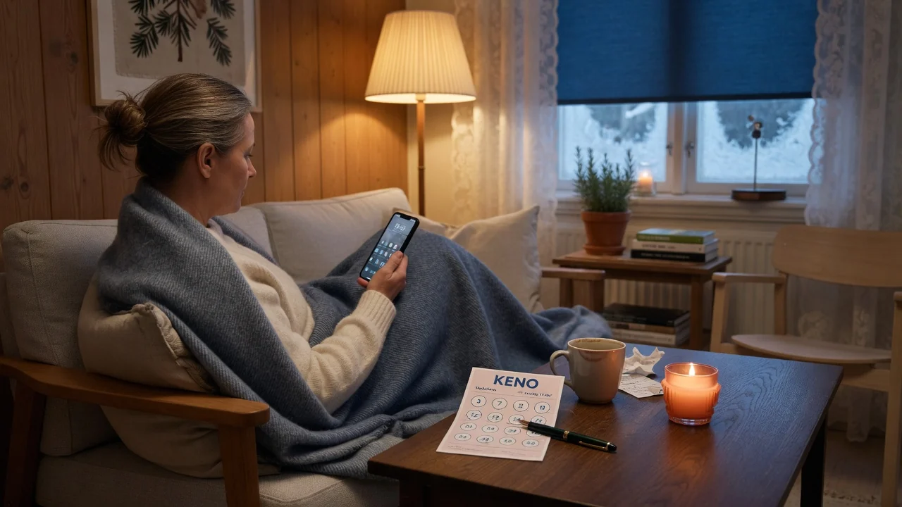 Person med smartphone och kenobiljett i vardagsrum