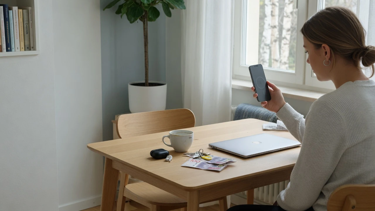 Person vid minimalistiskt bord med mobiltelefon och svenska sedlar