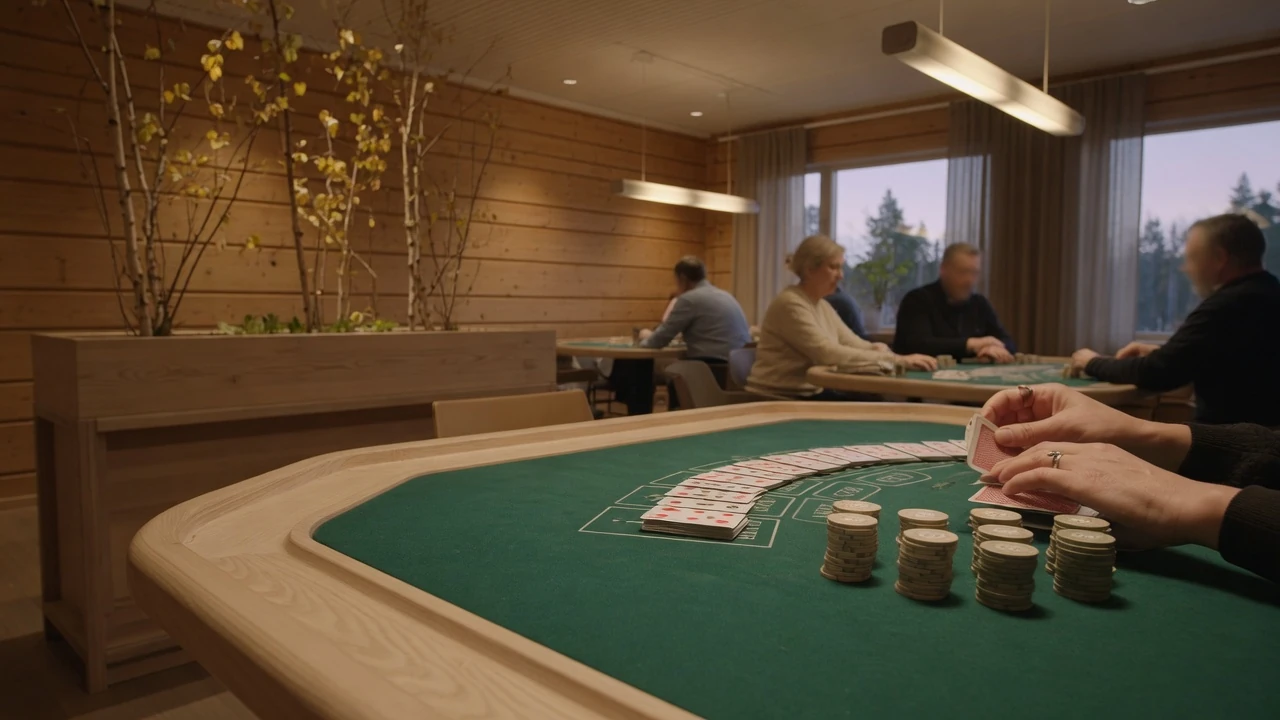 Svenskt casinobord med kortlek och marker i varm belysning