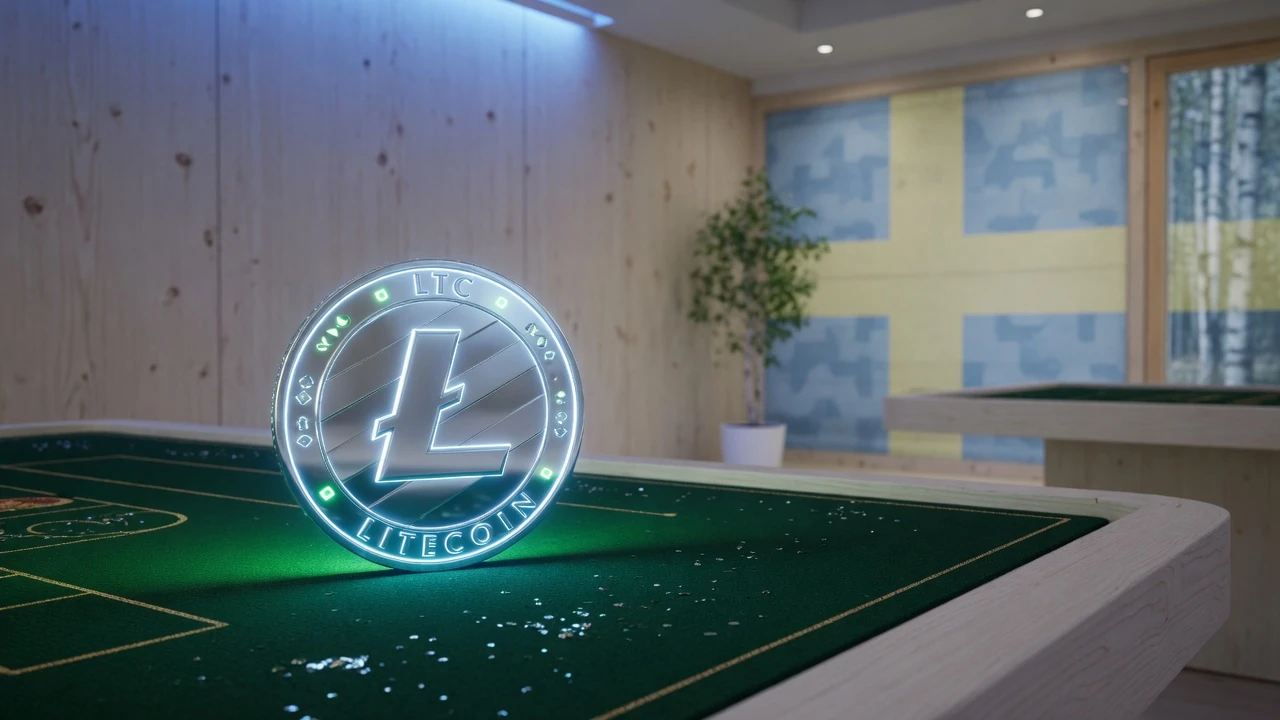 Glänsande Litecoin-mynt på grönt casinofilt med svensk bakgrund