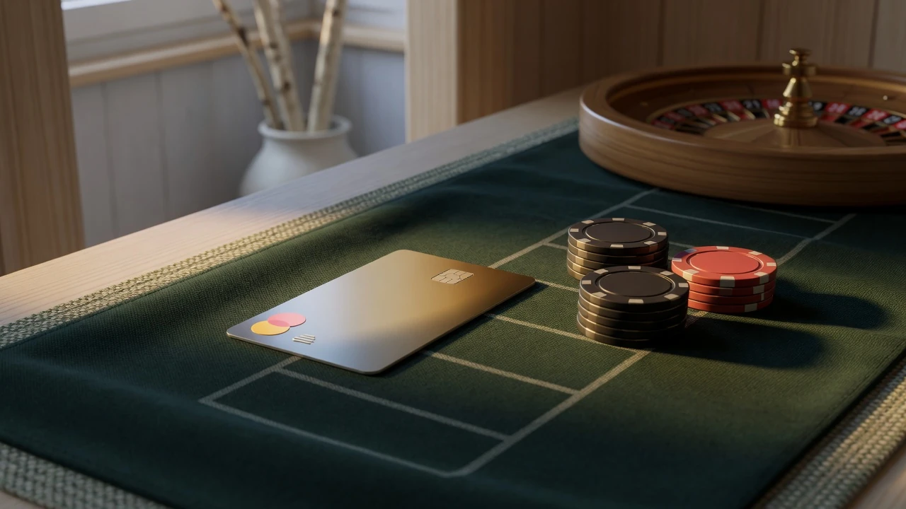 Mastercard-kort med casinofärger och marker på bordet