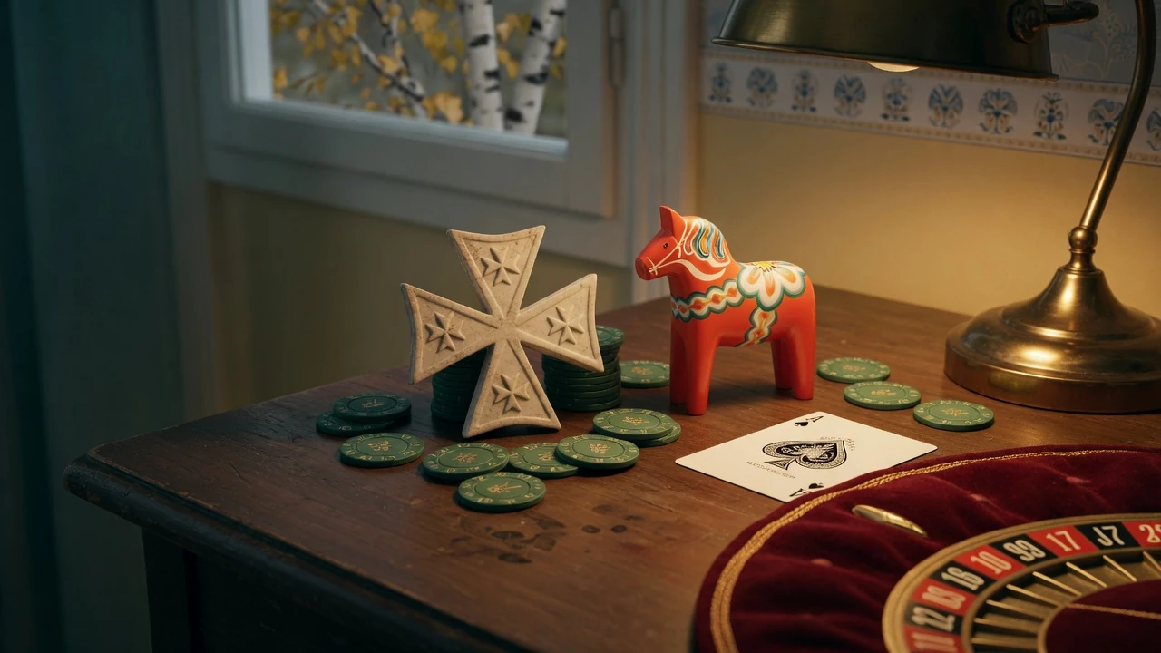 Maltesiskt kors och svensk dalahäst tillsammans med casinoföremål på ett skrivbord