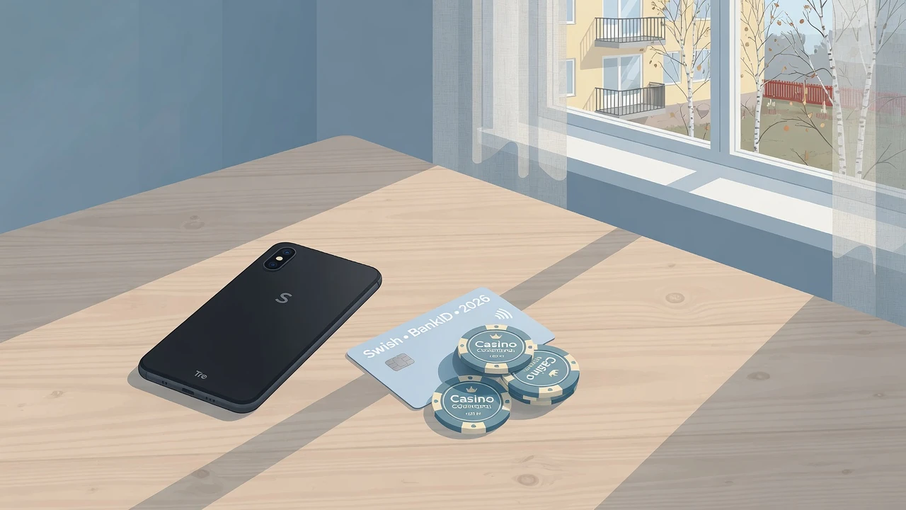 Smarttelefon med MuchBetter-plånbok och casinomarker på svenskt bord
