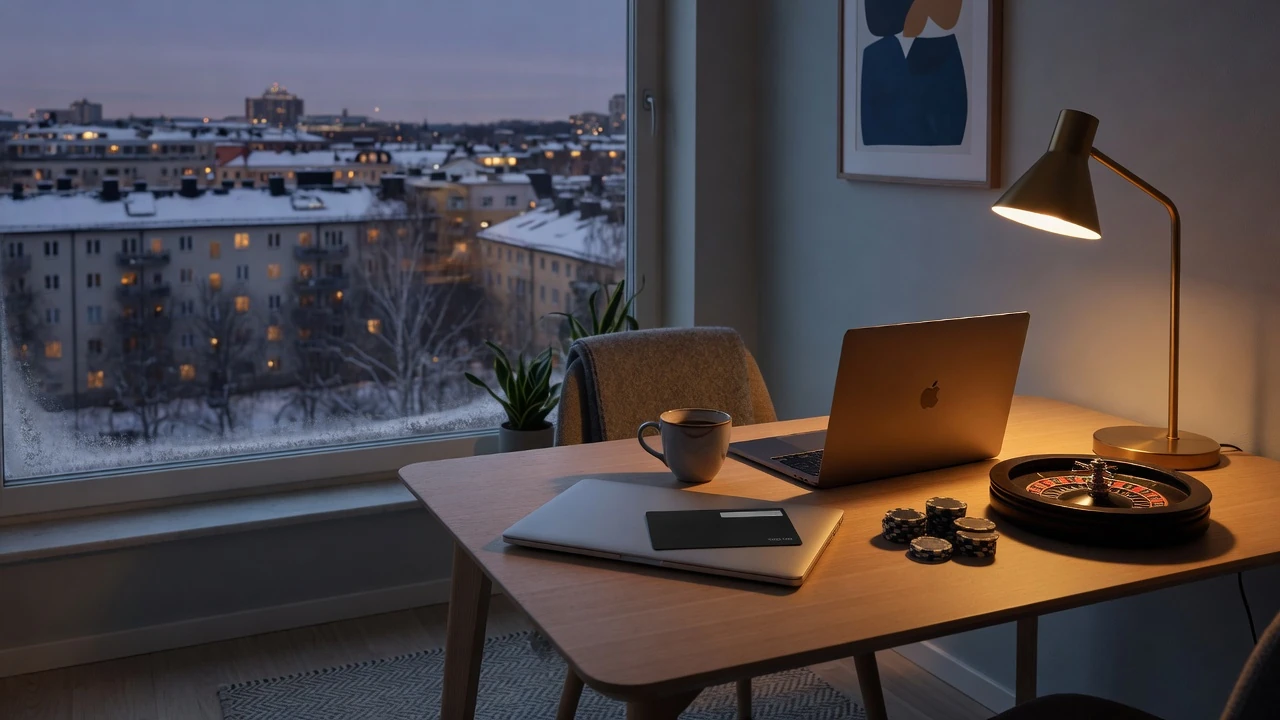 Svenskt vardagsrum med stängd laptop och förbetalningskort vid ett bord