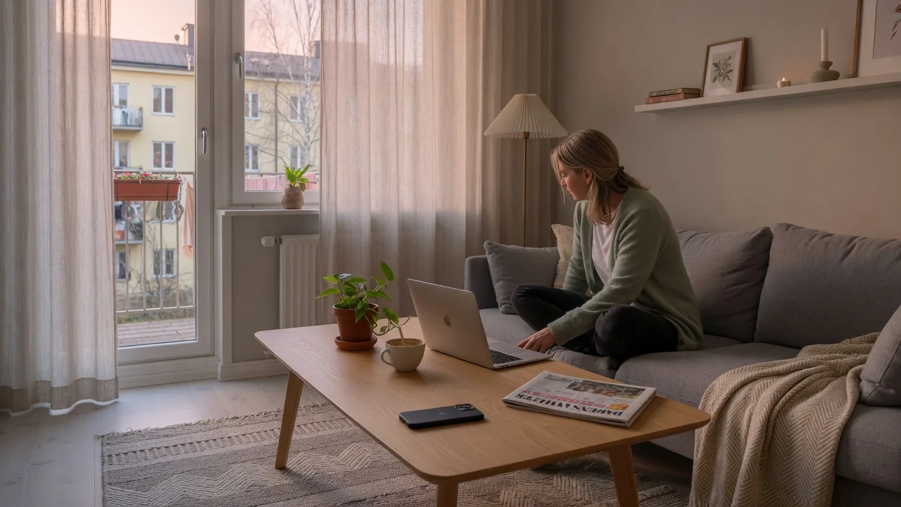 Modernt vardagsrum med avstängd telefon och laptop, Neteller-betalning hemifrån