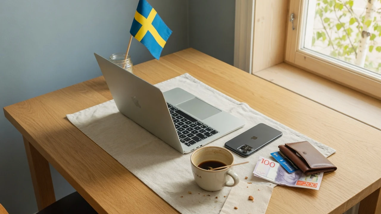 Svensk träbord med vänd laptop, plånbok och svensk flagga