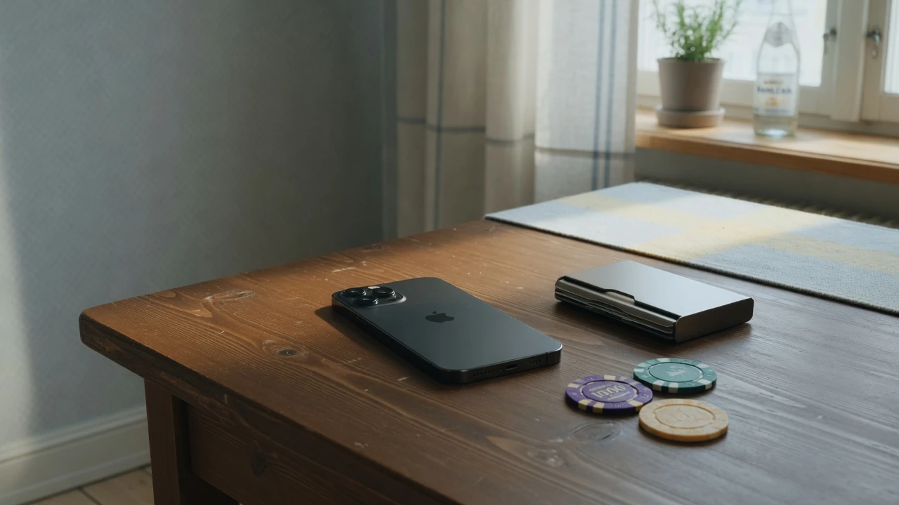 Smartphone med Revolut-kort och casinofigurer på svenskt bord