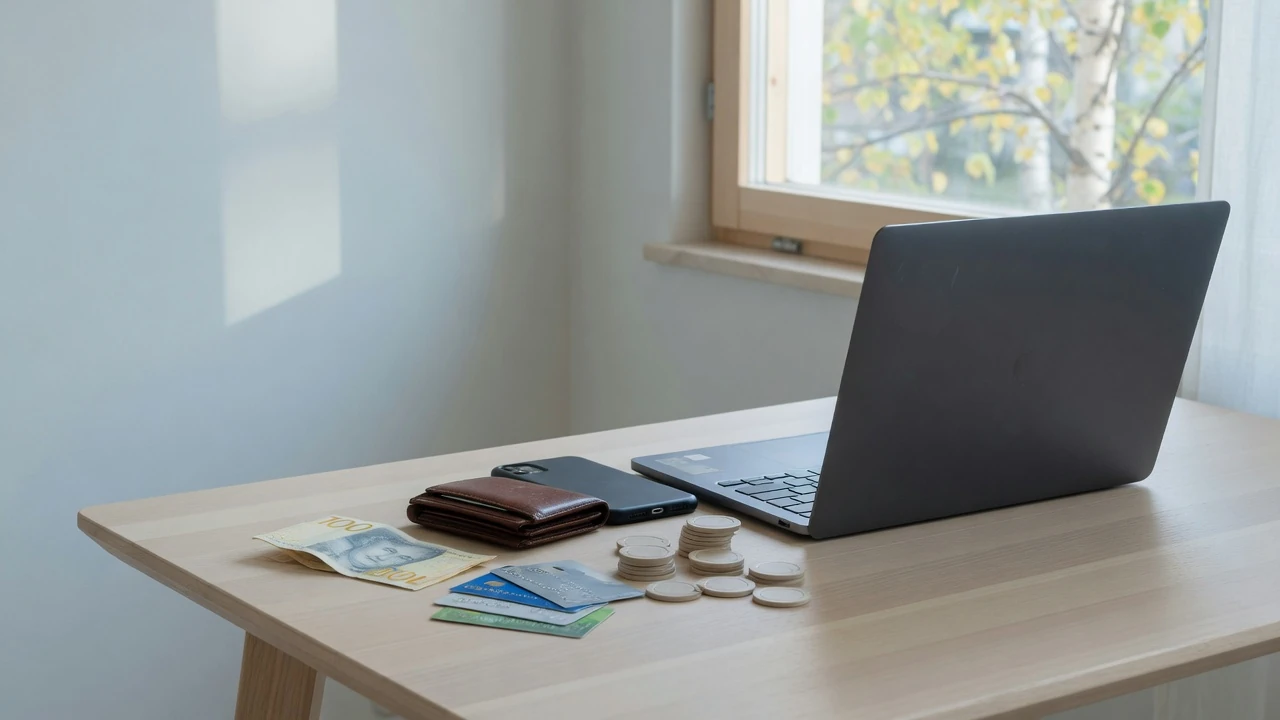 Nordiskt skrivbord med stängd laptop, betalkort, kronorssedel och kasinobrickor