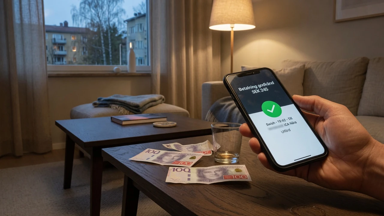 Hand håller smartphone med mobilbetalning bredvid svenska kronor