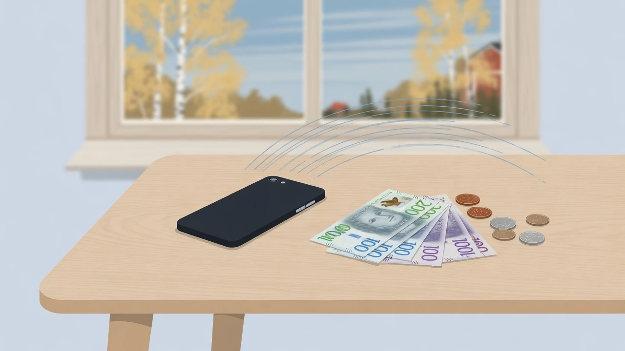 Smarttelefon med svenska kronorsedlar och mynt på ett minimalistiskt nordiskt bord med snabba rörelselinjer