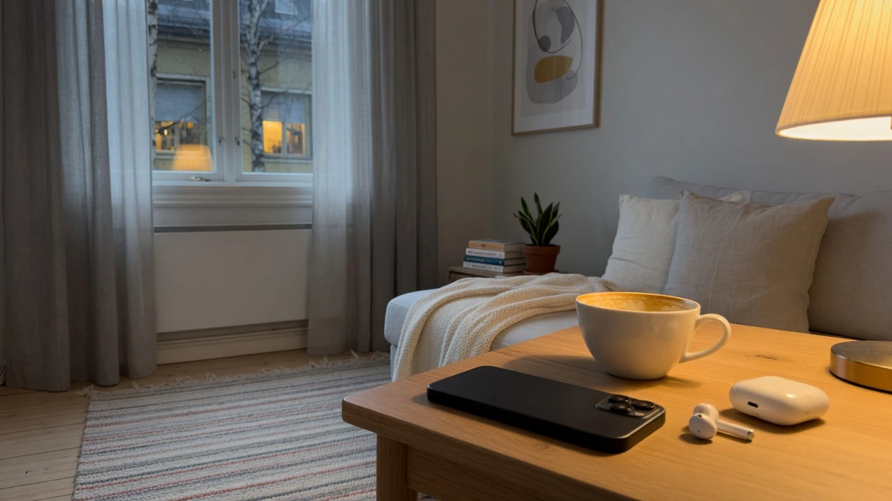 Smartphone vid sängbord i svenskt vardagsrum med Swish-betalning