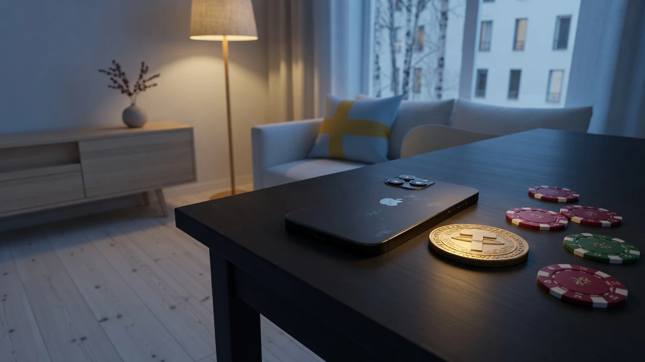 Tether-mynt och casinofigurer på ett minimalistiskt svenskt bord