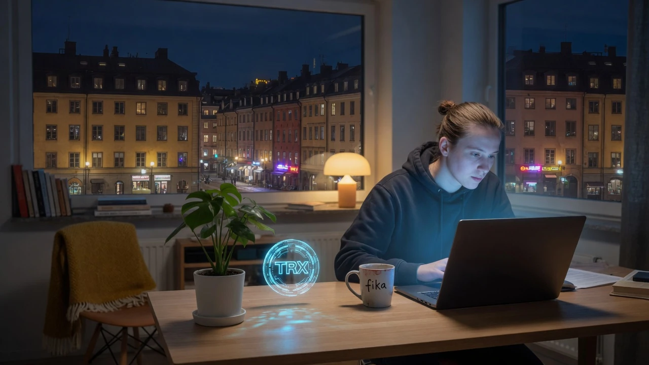 Svensk person vid skrivbord med TRX-krypto och Stockholmsnatthimmel