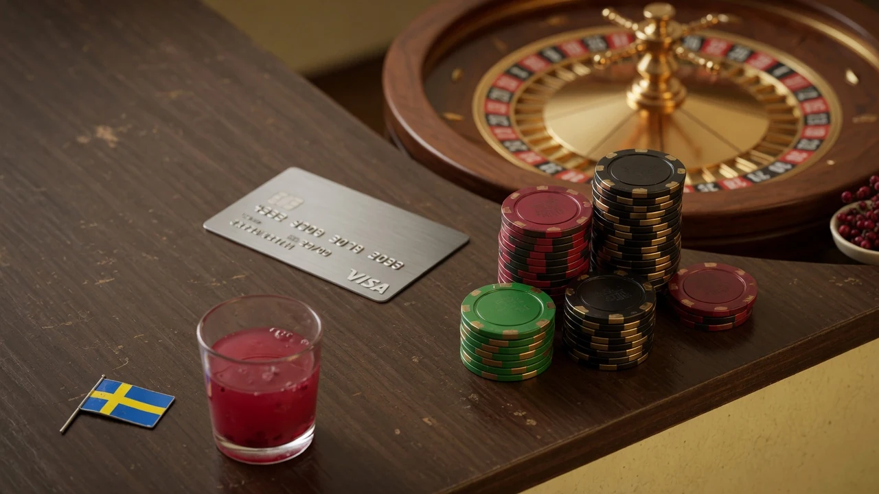 Kreditkort med casinotema och svensk flagga på bord